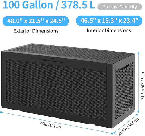 100 Gallon Outdoor Storage Box,Large Waterproof Resin Deck Box,Lockable Storage Container with Reinforced Support for Patio Cushions,Garden Tools,UV-Resistant（Black Rattan）