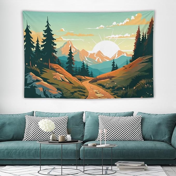 HZOHNAGO Mountain Tapestry Forest Mountain Sunrise Road Pattern Printed Wall Tapestry Wall Hanging for Bedroom Living Room Dorm 60" W x 40" H