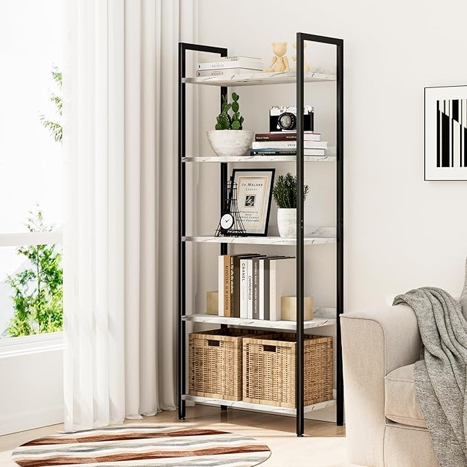 NUMENN Bookshelf, 5 Tier Bookshelves, Home Office Bookcase Shelf Storage Organizer, Free Standing Storage Shelving Unit for Bedroom, Living Room and Home Office, White Marble
