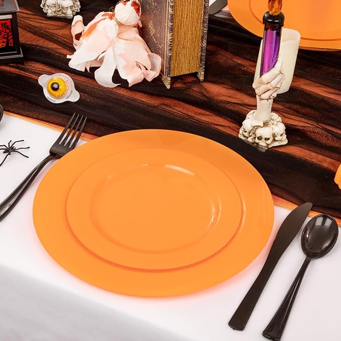 FLOWERCAT 60PCS Orange Plates - Heavy Duty Orange Plastic Plates Disposable for Halloween & Thanksgiving Party - Serve 30 Guests 10.25inch and 7.5inch