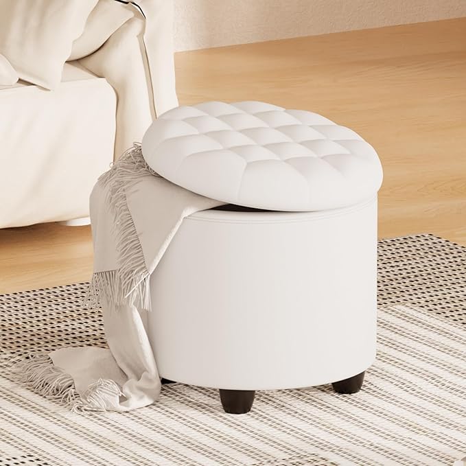 Furniliving Upholstered Button Tufted Round Ottoman, PU Storage Ottoman Round, Removable Lid Convenient Footstools, Classic Ottoman with Storage for Vanity, Nursery Room，IvoryWhite