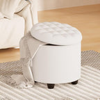 Furniliving Upholstered Button Tufted Round Ottoman, PU Storage Ottoman Round, Removable Lid Convenient Footstools, Classic Ottoman with Storage for Vanity, Nursery Room，IvoryWhite