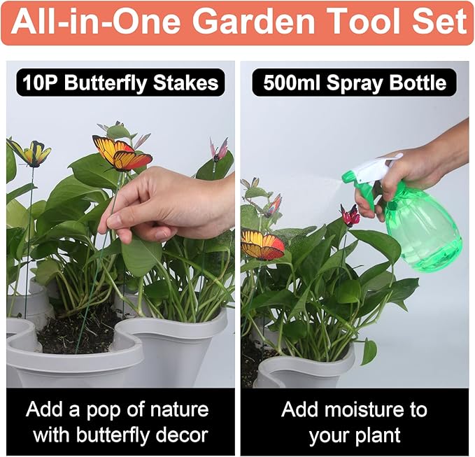 Vertical Planter, 6 Tier Stackable Strawberry Planter with Garden Tool Set, Movable Indoor/Outdoor Garden Herb Pot for Growing Vegetables and Succulents, Gray