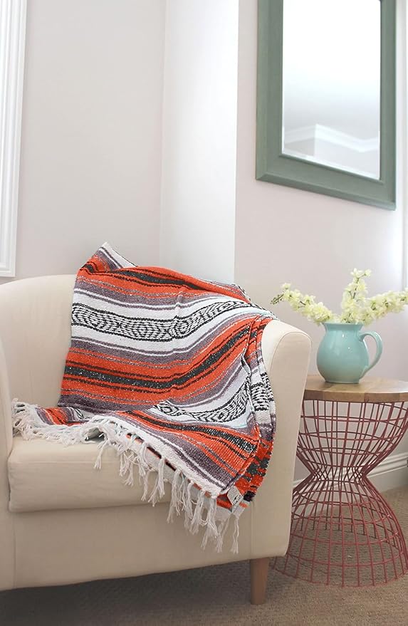 Del Mex Classic Mexican Blanket, Large Authentic Woven Falsa Throw (70"x50"), Artisan Southwest Décor for Beach, Yoga, Outdoors (Terracotta)