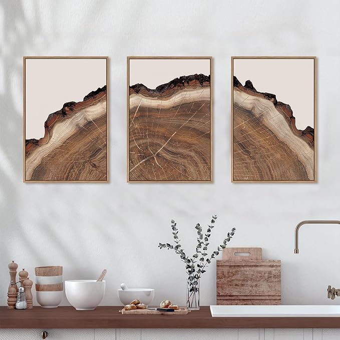 HPINUB Tree Rings Wood Wall Art Framed Set, Modern Beige Wood Stump Wall Decor, Abstract Tree Spiral Wall Painting,Nature-Inspired Art Print for Living Room, Bedroom, Dining Room, Office-16 x24 x3