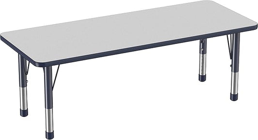 Factory Direct Partners FDP Rectangle Activity School and Classroom Kids Table (24 x 60 inch), Chunky Toddler Legs, Adjustable Height 15-24 inches - Gray Top and Navy Edge