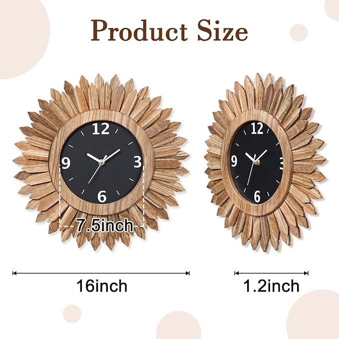 Honiway 16 Inch Wall Clocks, Rustic Wood Boho Sunburst Decorative Wall Clock Battery Operated Silent Non Ticking Farmhouse Large Wall Clocks for Living Room Kitchen Bedroom Home Decor (Rustic Brown)