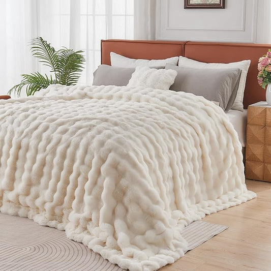 Lotus Karen Queen Size Faux Fur Blanket - Cream White Big Bubble Rabbit Fluff, 90x90 Inches