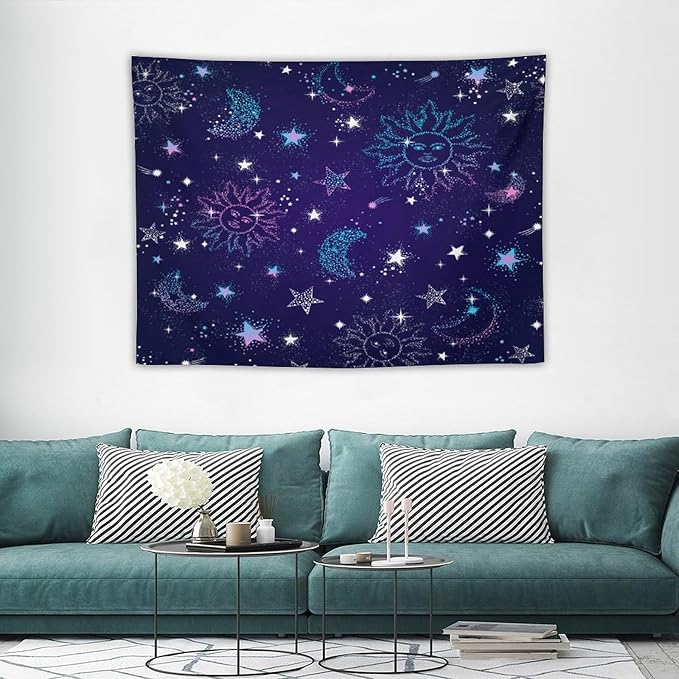 HZOHNAGO Boho Sun Moon Tapestry Purple Blue Sun Stars Galaxy Pattern Printed Wall Tapestry Wall Hanging for Bedroom Living Room Dorm 40" W x 30" H