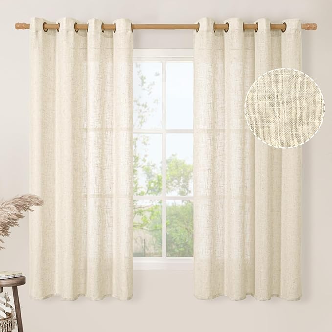 LAMIT Beige Linen Curtains 63 inch Length 2 Panels for Living Room, Bronze Grommet Soft Semi Sheer Light Filtering Window Treatments Neutral Drapes for Bedroom, 52 x 63 Inch, Beige