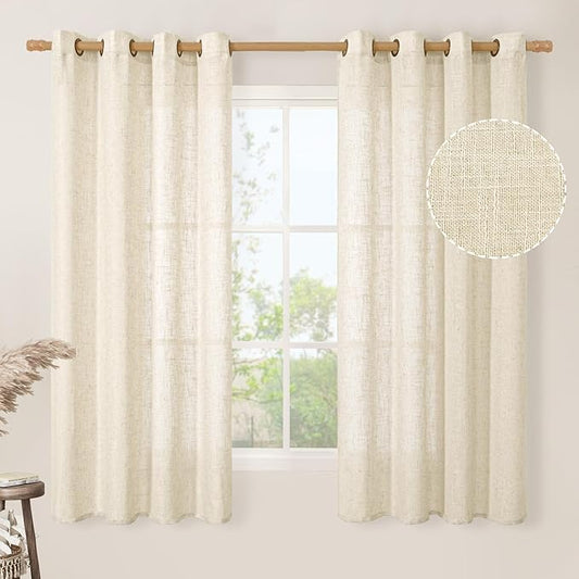 LAMIT Beige Linen Curtains 63 inch Length 2 Panels for Living Room, Bronze Grommet Soft Semi Sheer Light Filtering Window Treatments Neutral Drapes for Bedroom, 52 x 63 Inch, Beige