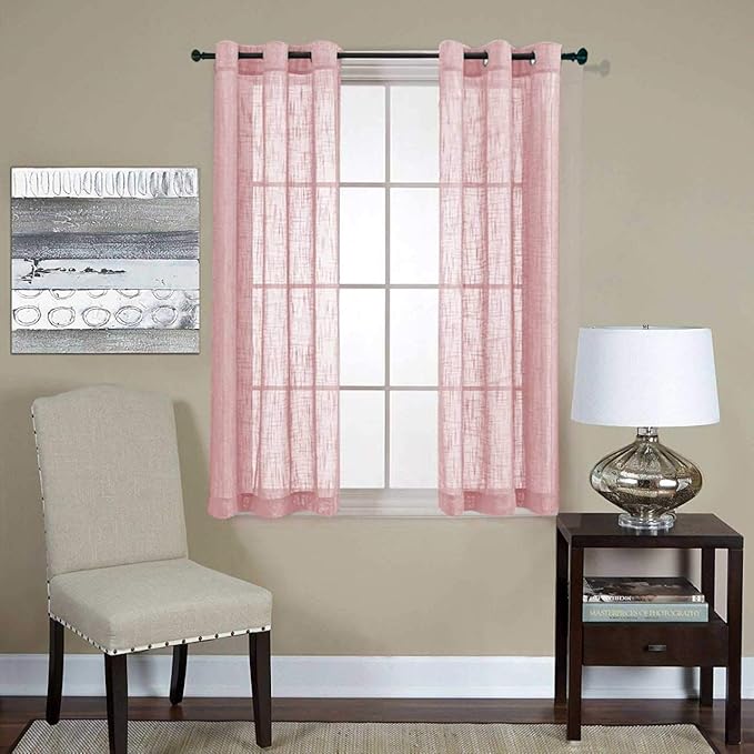 MIUCO Semi Sheer Curtains Poly Linen Textured Solid Grommet Curtains 63 Inches Long for Living Room 2 Panels (2 x 37 Wide x 63" Long) Pink