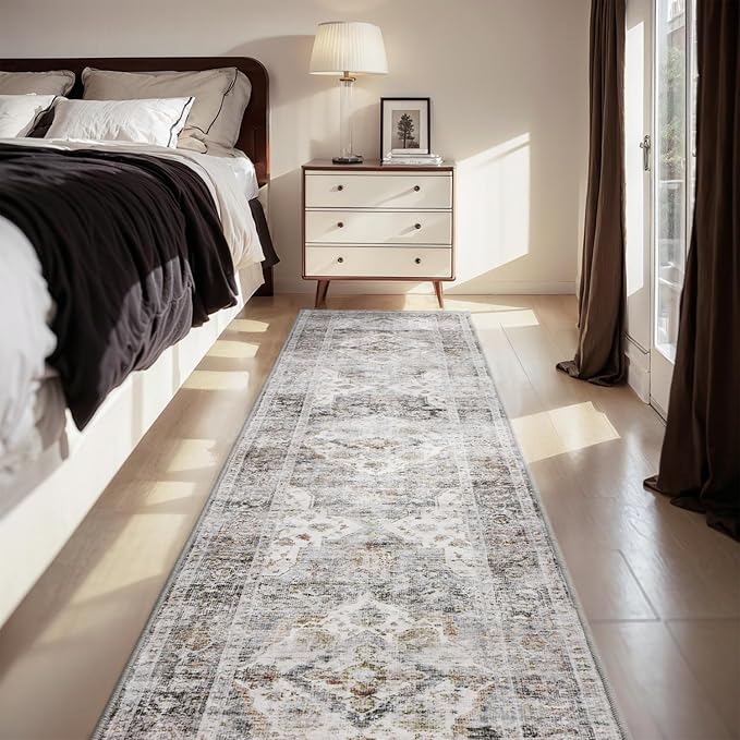 AMOAMI-2X10 Runner Rug-Washable Runners for Hallways-Soft Non Slip Bedside Rugs for Bedroom-Vintage Long Rug for Hallways Entryway Laundry Room Stair Kitchen Bathroom Grey