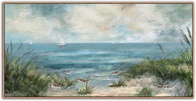 Sea Beach Framed Canvas Wall Art Vintage Seascape Canvas Prints Wall Decor Ocean Sailboat Seagull Canvas Pictures Beach Bird Reed Canvas Painting Artwork Living Room Bedroom Decoration 29" X 58"