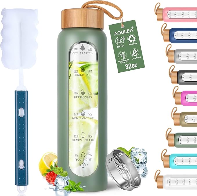 Aqulea Glass Water Bottles 32 Oz with Silicone Sleeve - BPA Free Reusable Wide Mouth Glass Motivational Water Bottles with Fruit Infuser – Leak Proof Borosilicate Water Bottle with Time Marker (Green)