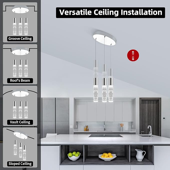 OKELI Dimmable LED 3-Light Pendant Light for Kitchen Island, 18W 1350LM Modern Bubble Crystal Island Light Fixture,6000K, Electro-Chrome, Easy Installation, Round