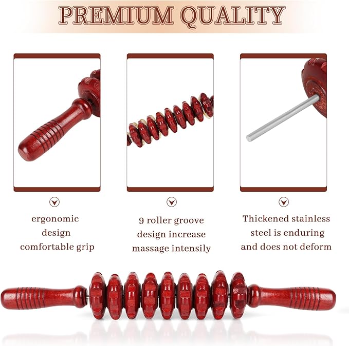 Liitrton Manual Wooden Fascia Massage Roller Trigger Points for Release Cellulite Sore Muscle Blasting (Red)