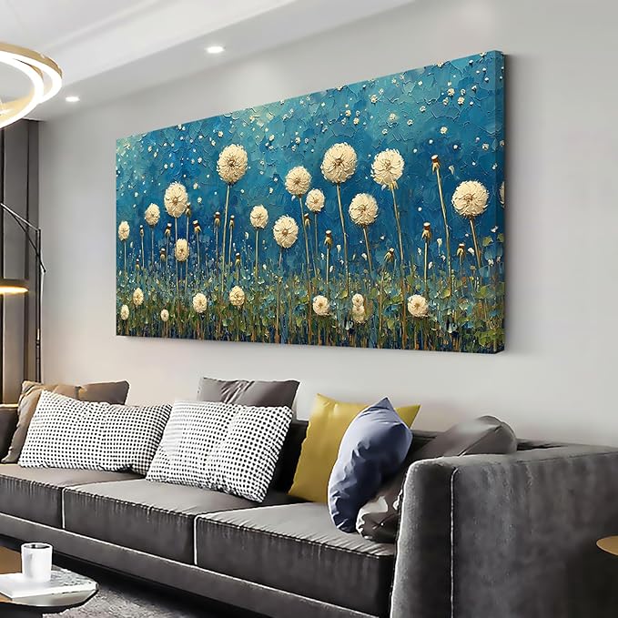 LASMOND Teal Dandelion Wall Art for Living Room Abstract Blowball Canvas Painting Prints Large Flower Floral Grassland Bedroom Decoration Modern Artwork Decor (40x20 Inches)