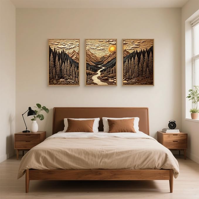 HPINUB Abstract Landscape Mountain Canvas Wall Art Set, Vibrant Sun Forest Pine Tree Wall Decor, Wilderness Nature River Artwork Rustic Scenery Art Print for Living Room,Bedroom,Office-16 x24 x3