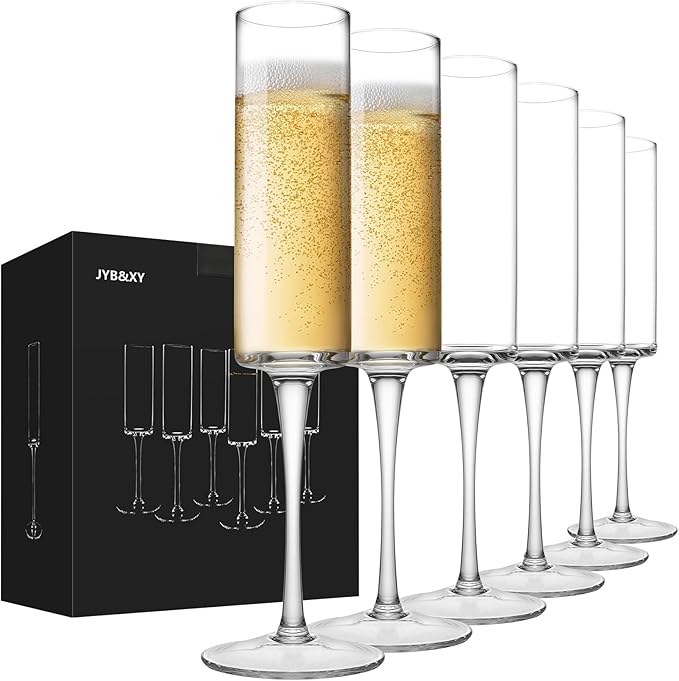 JYB&XY Champagne Flutes Set of 6 Hand Blown Elegant Champagne Glasses With Long Stem Elegant Sparkling Wine Stemware 6.5oz- for Women, Men, Wedding, Anniversary, Christmas, Birthday,Parties