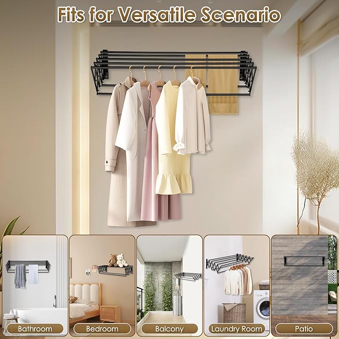 XL-31.5'' Wall Mounted Clothes Drying Rack, 130 lbs Large Capacity Rustproof Retractable Collapsible Drying Rack Easy Install with 7 Drying Rods, Space Saving Towel Clothes Rack for Laundry-Black