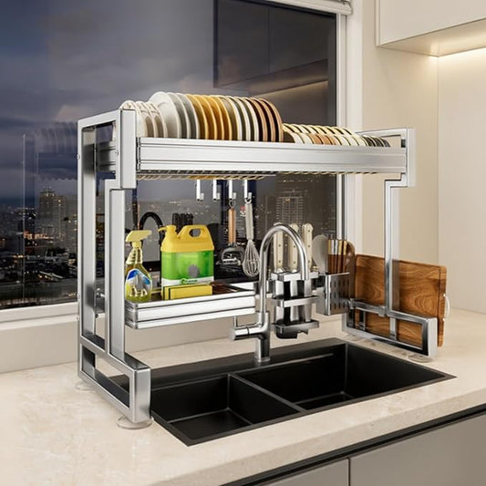 Kitchen Sink Rack Sink Above The Dish Drain Dish Washing Rack Stainless Steel Multifunctional Dish Storage Rack,Over The Sink Drying Rack for Dishes(1,65cm/25.6in)