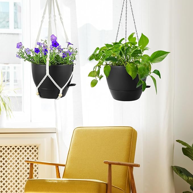 10 inch Self Watering Hanging Planters, 2 Pack Hanging Baskets for Indoor Outdoor Plants, Hanging Flower Pots with Drainage Holes & 2 Kinds of Plant Hangers for Garden Home Decor, Black