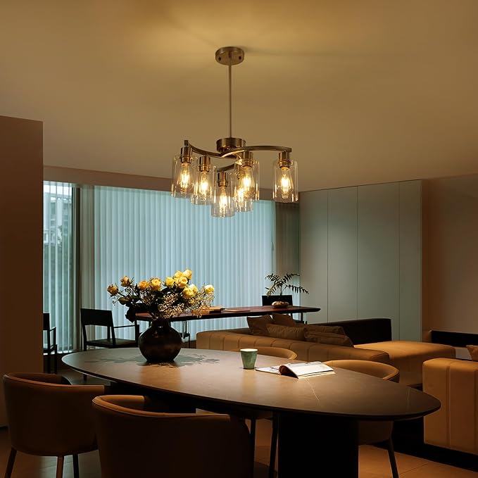 6-Light Brushed Nickel Chandeliers for Dining Room Light Fixtures Over Table, Adjustable Height Hanging Industrial Pendant Lighting for Kitchen Island Bedroom, Clear Glass Shade