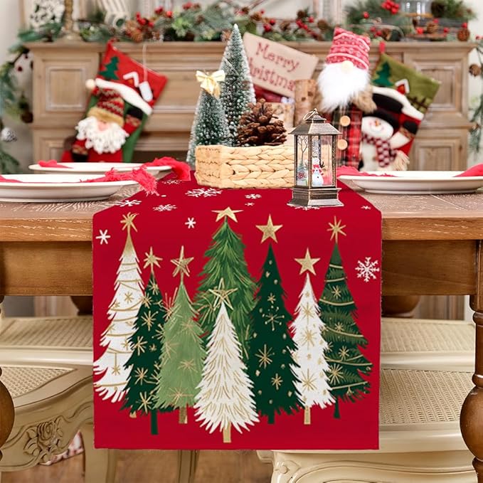 GEEORY Christmas Table Runner 13x48 Inch, Xmas Trees Snowflakes Holiday Decorative Farmhouse Table Decoration for Kitchen Dinning, Indoor Outdoor Dinner Party Decor (Red) GT150-48