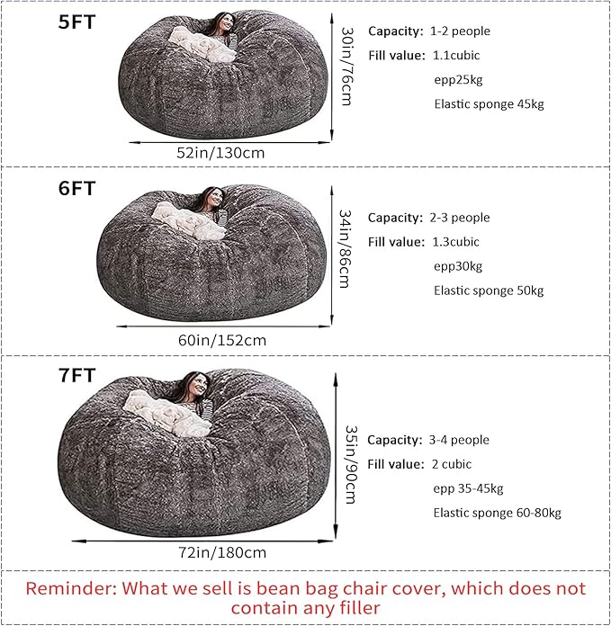 Big Huge Giant Bean Bag Chair for Adults, (No Filler) Bean Bag Chairs in Multiple Sizes and Colors Giant Foam-Filled Furniture - Machine Washable Covers, Double Stitched Seams (Blue,5FT)