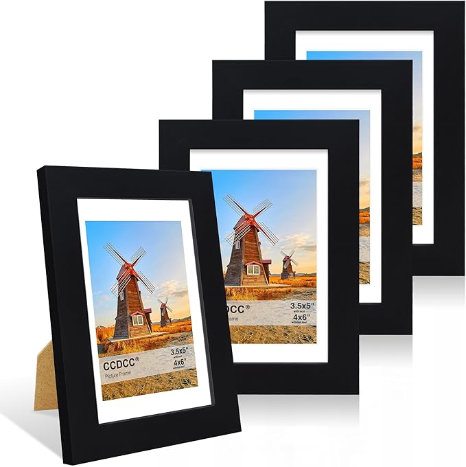 4x6 Picture Frame Set of 4, 4 x 6 Wood Photo Frames with Mat for 3.5x5, Wooden Frame with Real Glass Cover for Wall and Tabletop Display,Black