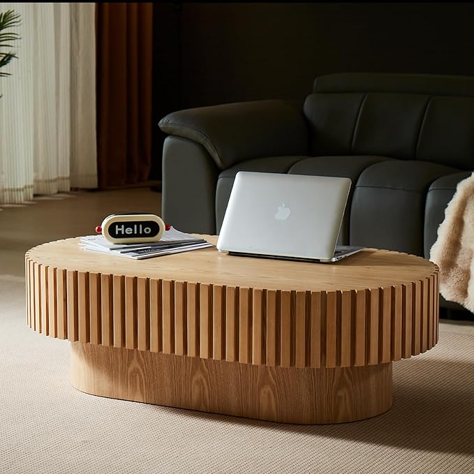 43.7" Oval Coffee Table for Living Room,Modern Handcraft Drum Coffee TableSmall Wooden Coffee Table with Sturdy Pedestal Easy Assembly for Office-Natural