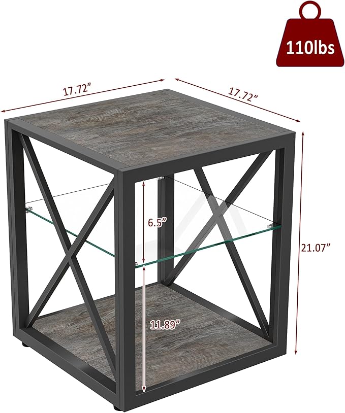 Farmhouse End Table, Modern Side Table with 3-Tier Storage Shelf, Square Rustic Nightstand, Accent Tea Table, for Bedroom Office Living Room, Grey, Natural Wood, Glass, Metal