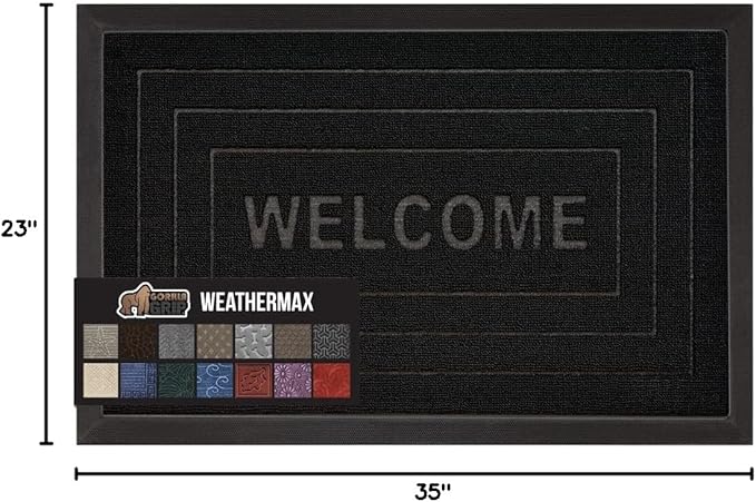 GORILLA GRIP 100% Waterproof All-Season WeatherMax Doormat 35x23, US Designed Natural Rubber, Stain and Fade Resistant, Low Profile Indoor Outdoor Door Mats, Easy Clean Patio Mat, Black Welcome