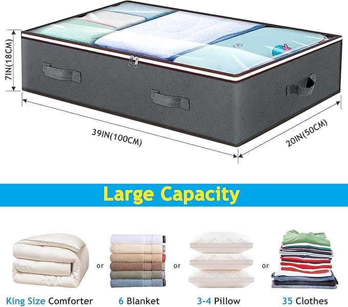 90L Under Bed Storage Containers, 6 Pack Underbed Closet Storage Organizer System, Moving Bags with Clear Window and Reinforced Handles for Bedding Pillows Blanket Clothes Wardrobe Bedroom