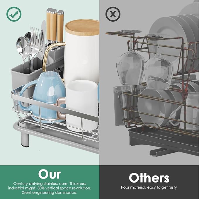MOUKABAL Dish Drying Rack - Stainless Steel Dish Rack, Dish Racks for Kitchen Counter, Drying Rack Kitchen with Removable Utensil Holder, Drainboard and Glass Organizer (Grey)