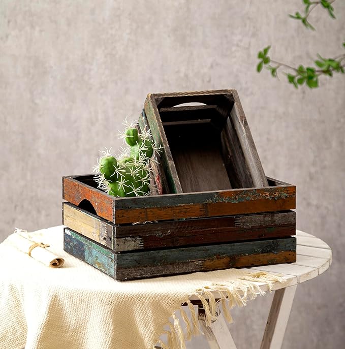 TIMRIS Set of 3 Rustic Distressed Wood Nesting Crates, Farmhouse Decorative Wooden Storage Boxes, Large Vintage Reclaimed Wood Baskets for Display (Random)