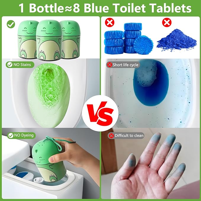 Toilet Bowl Cleaner-Cute Dinosaur-Shaped Toilet Bowl Cleaner Bottle Automatic Bathroom Toilet Tank Cleaner Easy-To-Use Septic Safe Toilet Cleaner in Bottle with Jasmine Scent (1, green)