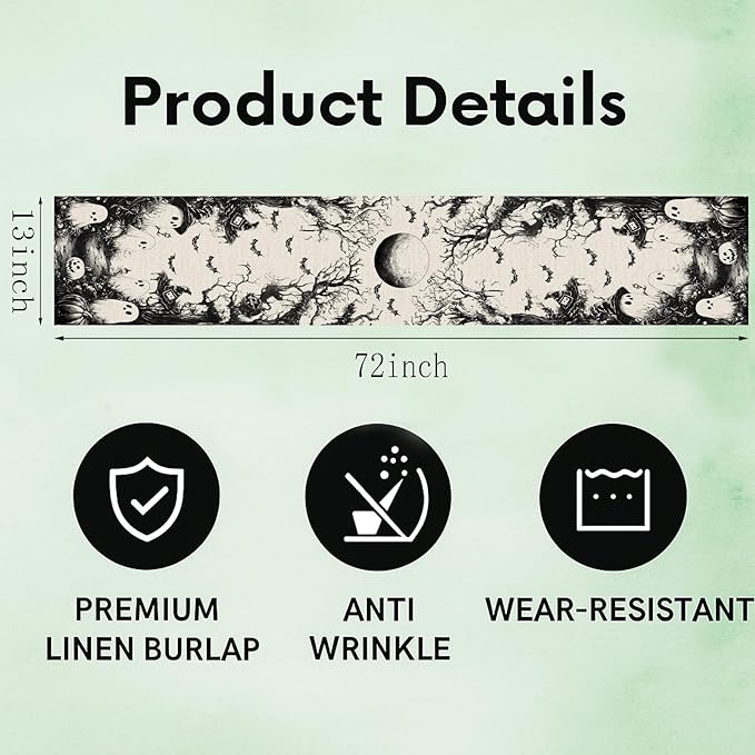 GPGHE Halloween Table Runner Black Ghost Holiday Burlap Table Decoration Indoor Outdoor Home Decor Party Supply 13 x 72 Inch