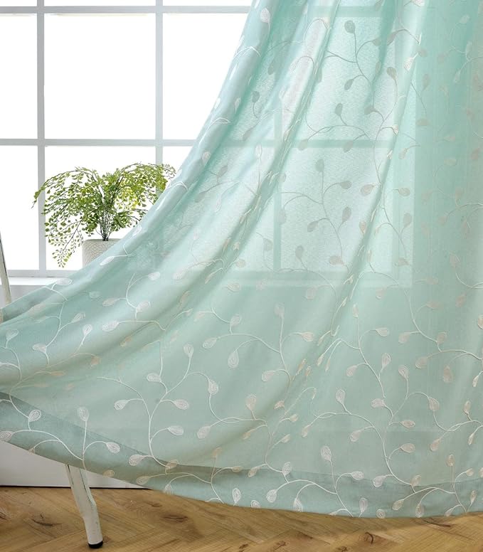 MIUCO Floral Embroidered Semi Sheer Curtains Faux Linen Grommet Window Panel Pair for Kitchen 52 x 63 Inch, Subtle Green