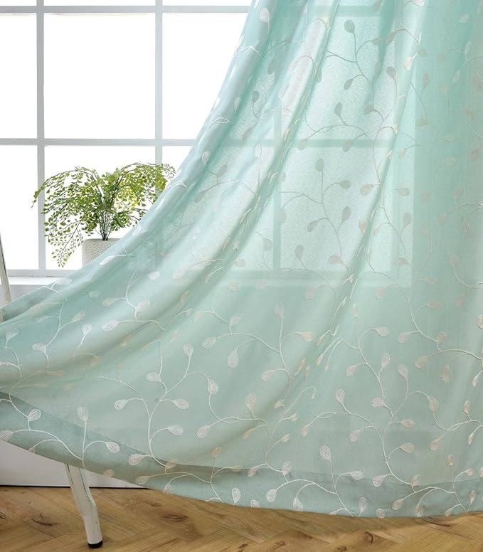 MIUCO Floral Embroidery Semi Sheer Curtains Faux Linen Grommet Panels for Living Room 52 x 84 Inch 2 Panels Set, Subtle Green