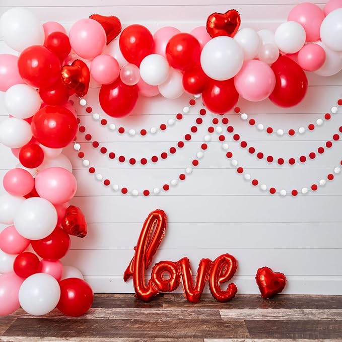 Jishi 3-Pack Pom Pom Garland Red and White Felt Ball Ornament Garland Christmas Decorations, Cute Pompom Strings for Christmas Tree Decor, Xmas Holiday Party, Birthday Banner - 6.6 Feet Long, 24 Balls