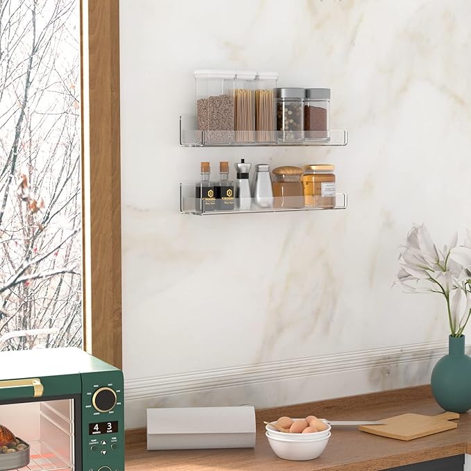 Acrylic Spice Rack Wall Mount, Hanging Spice Shelf Racks for Seasonings, Kitchen Spice Jars Wall Organizer Storage Holder, 2 Pack