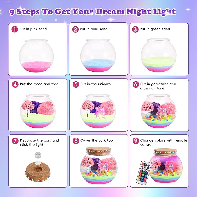 Unicorn Light-Up Terrarium Kit for Kids - Multicolor LED Night Light Birthday Gifts - Unicorn Toys for Girls Ages 4-6 7 8 9 10 Year Old - Kids Arts and Crafts Kit
