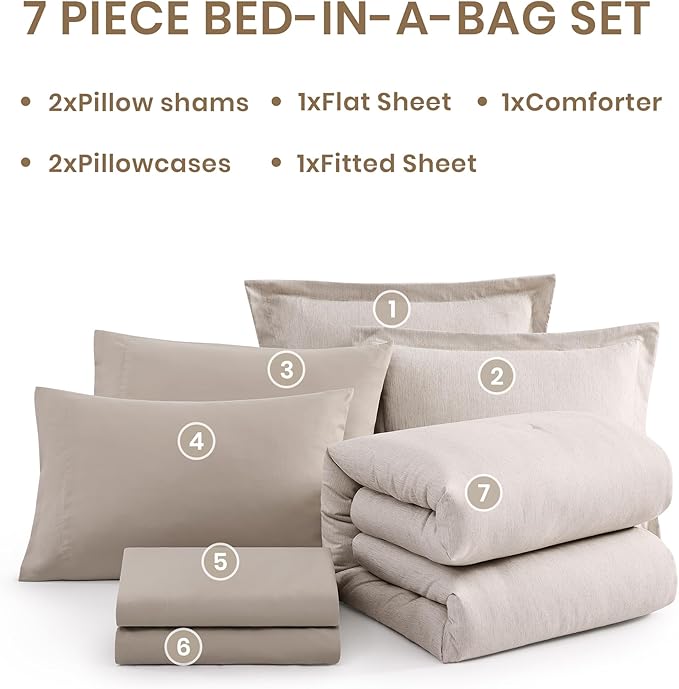 Monbix Queen Comforter Set - 7 Pieces Cationic Dyeing Oatmeal Beige Bed in a Bag Queen Bedding Sets with Comforter, Sheets, Pillowcases & Shams, Reversible Bedding Comforters Sets