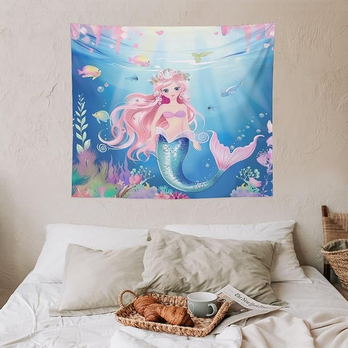 HZOHNAGO Mermaid Girls Tapestry Watercolor Mermaid Princess Pattern Printed Wall Tapestry Wall Hanging for Bedroom Living Room Dorm 60" W x 50" H