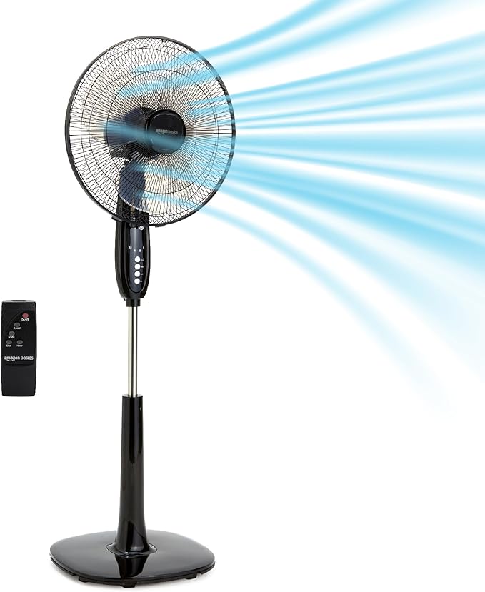 Amazon Basics 16" Pedestal Fan with Remote, Floor Fan, Standing Fan for Bedroom, Living Room, Office, with 3 Speeds, 3 Modes, Timer, Dual-Layered Blades, Adjustable Height, Tilt Head, 60W, Black
