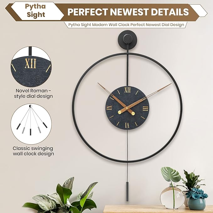 Large Modern Wall Clock,Wall Clocks for Living Room Decor,Classical Metal Minimalist Roman Numeral Dial,Big Decorative Farmhouse Pendulum Wall Clock With Walnut Pointers for Office,Dining Room