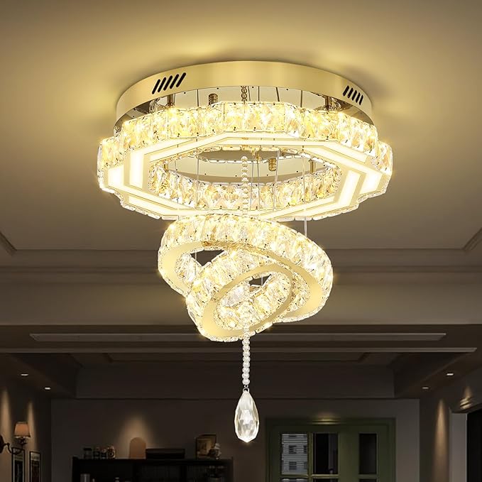 Flashing God 20" Crystal Chandelier Crystal LED Flush Mount Chandeliers for Living Room Bedrooms Dining Room Modern Gold Chandelier Lighting Dimmable 2700k 4500k 6000k
