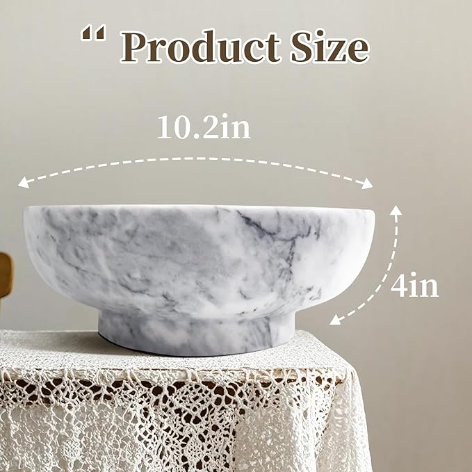 Natural White Marble Bowl with Grey Veins Large Decorative Bowl for Home Decor，Entryway, Fruit Display, Key Holder, Centerpiece (10.2" Diameter)